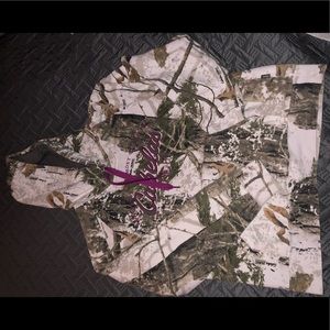 Cabelas white Camo sweatshirt.purple strings